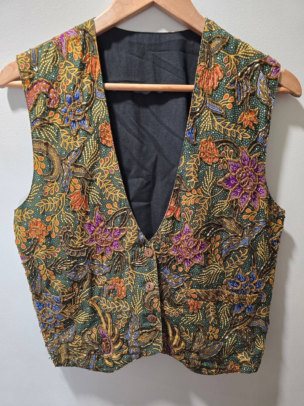 Vintage 90s Pier 1 Hand Beaded Batik Vest M Boho Wearable Art Floral Bird
